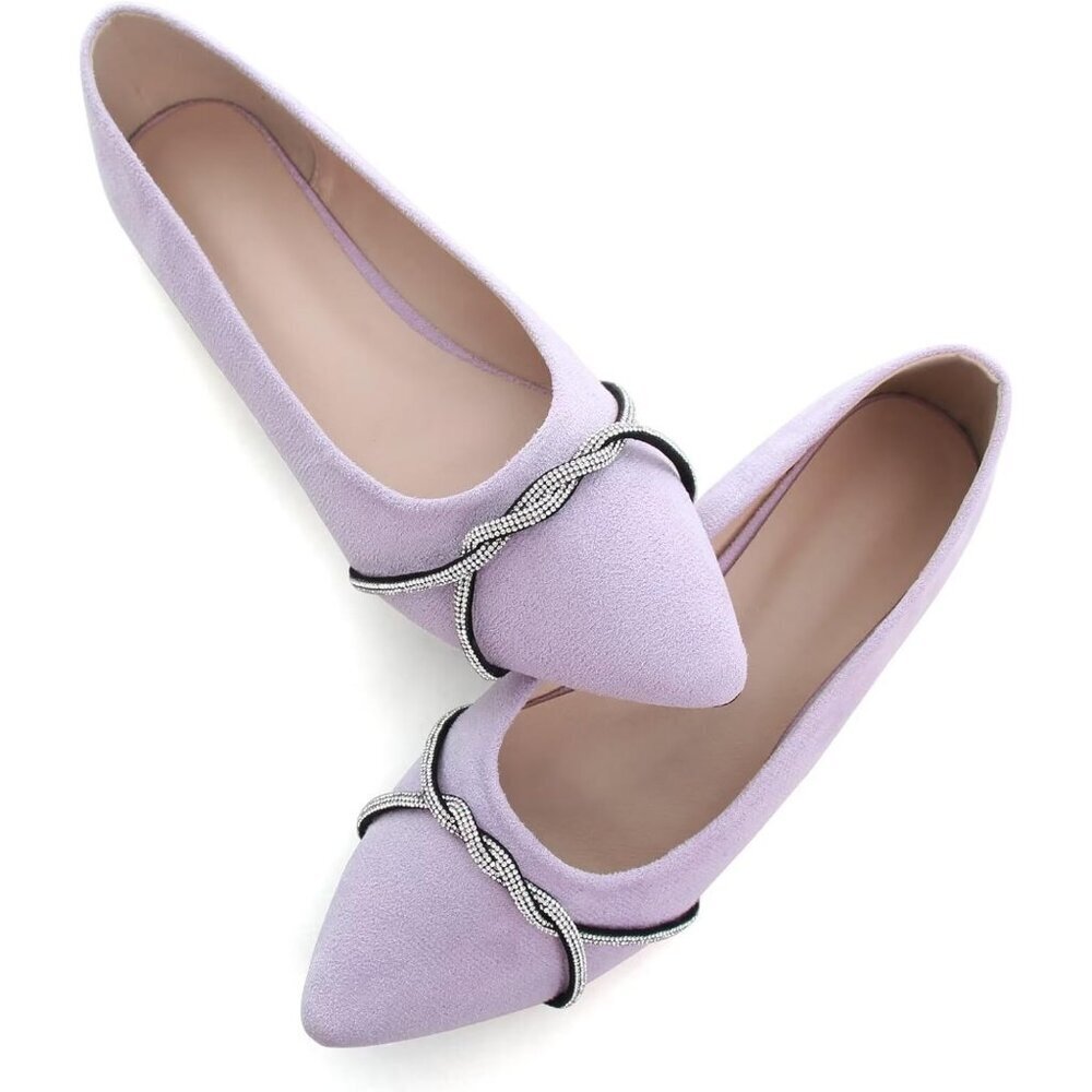 Women's Light Purple Casual Fashion Chain Pointed Toe Ballet Flat Rhinestone - Picture 4 of 7